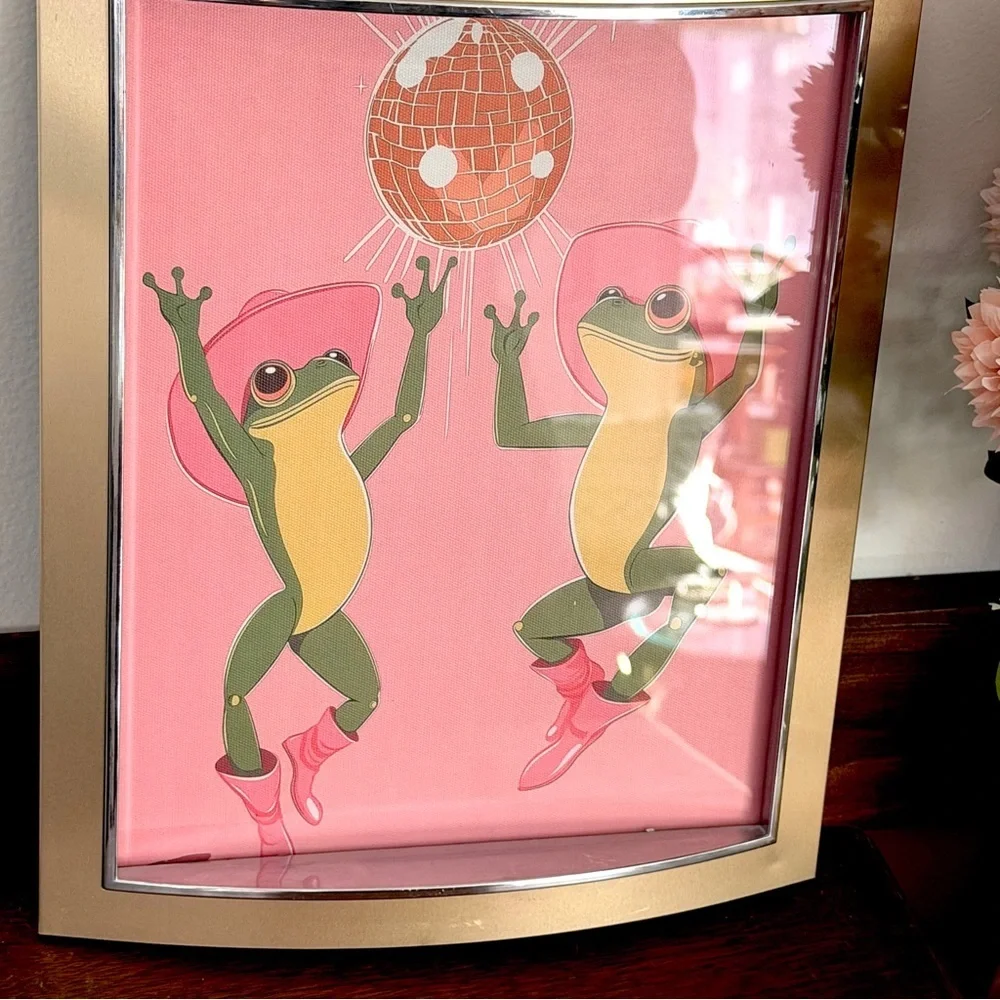 Disco Dancing Frogs Disco Mirror Ball Cowboy Boots Hats Framed Canvas Print Art